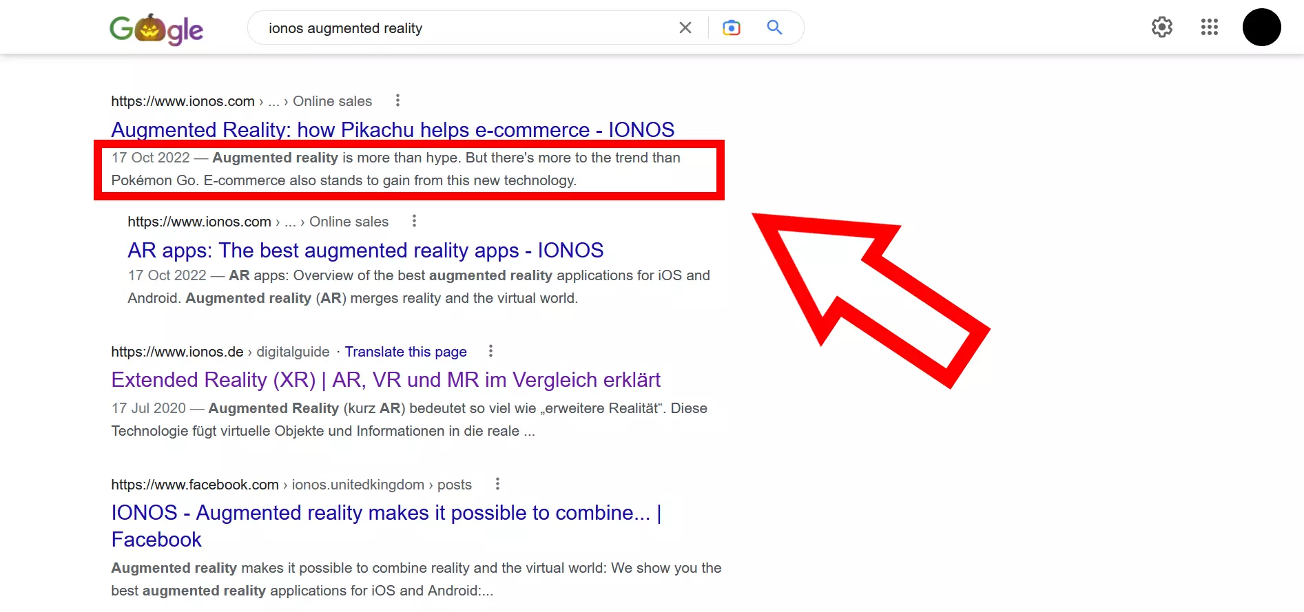Screenshot dei risultati di ricerca di Google con evidenziata la meta description di IONOS Immagine: Screenshot dei risultati di ricerca di Google con evidenziata la meta description di IONOS