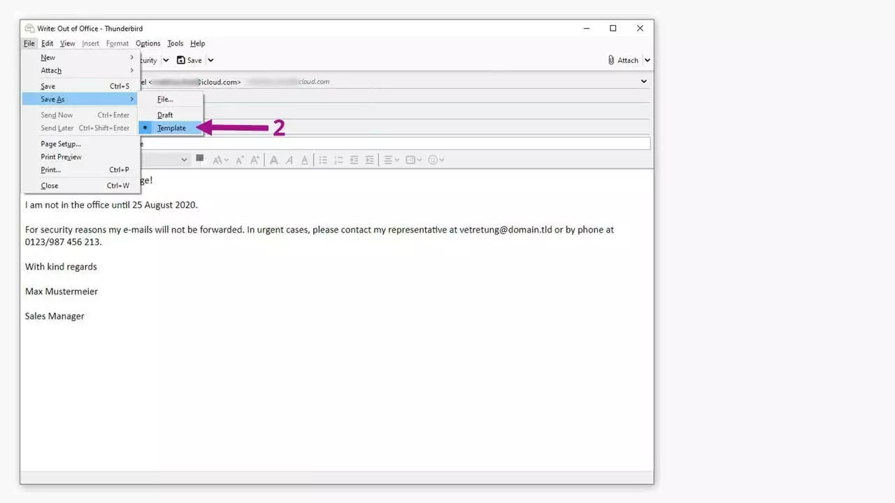 Immagine: Risposta automatica in caso di assenza con Thunderbird: salvare il testo come modello