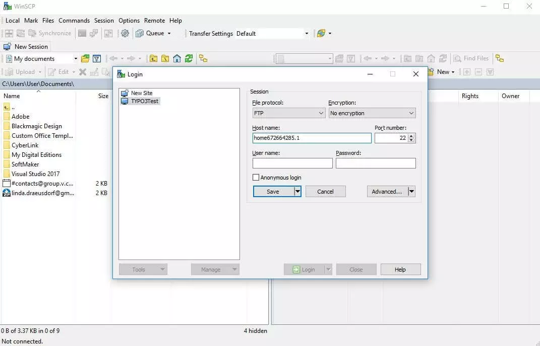Immagine: Login del server FTP in WinSCP