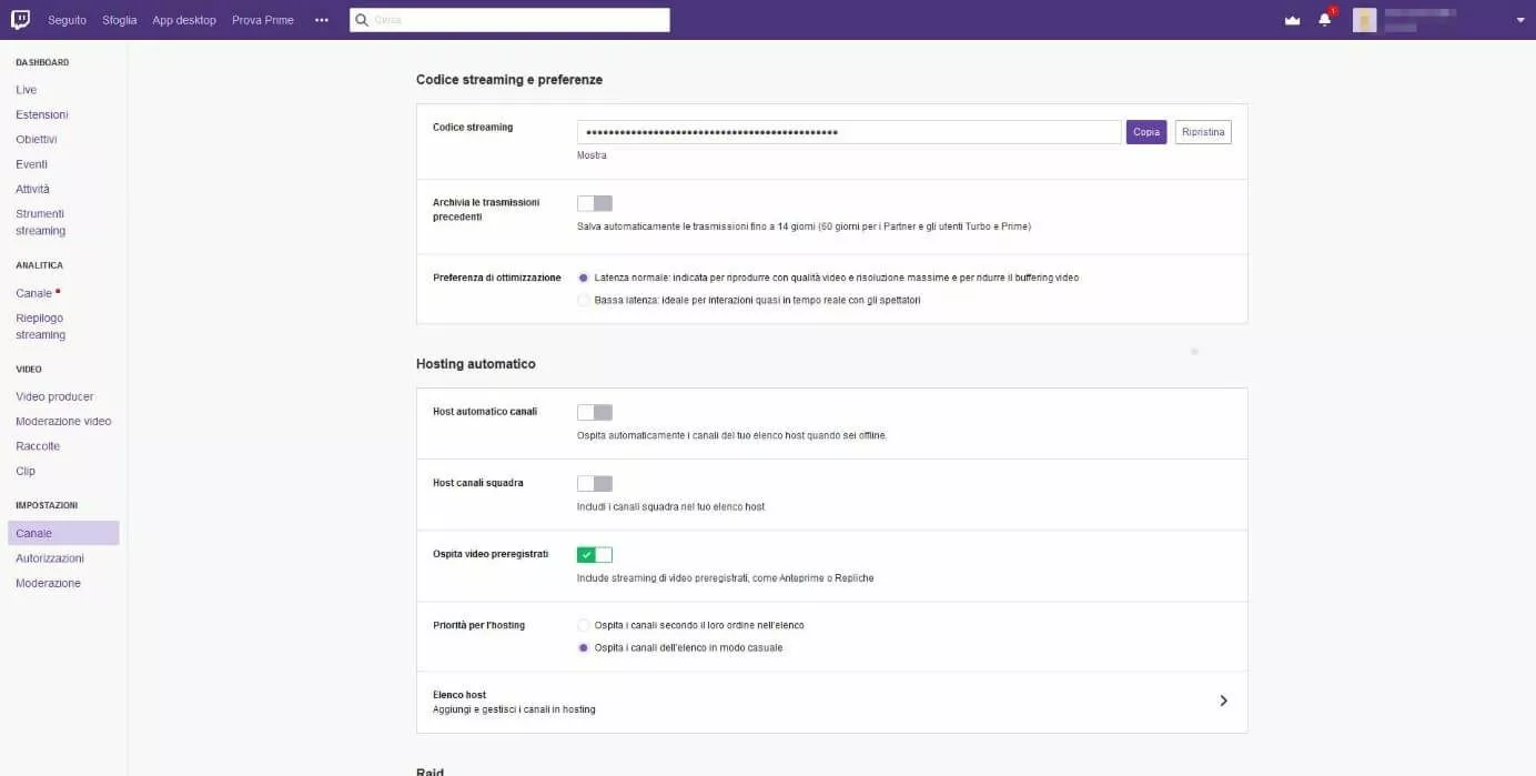 Immagine: Dashboard di Twitch: Codice streaming