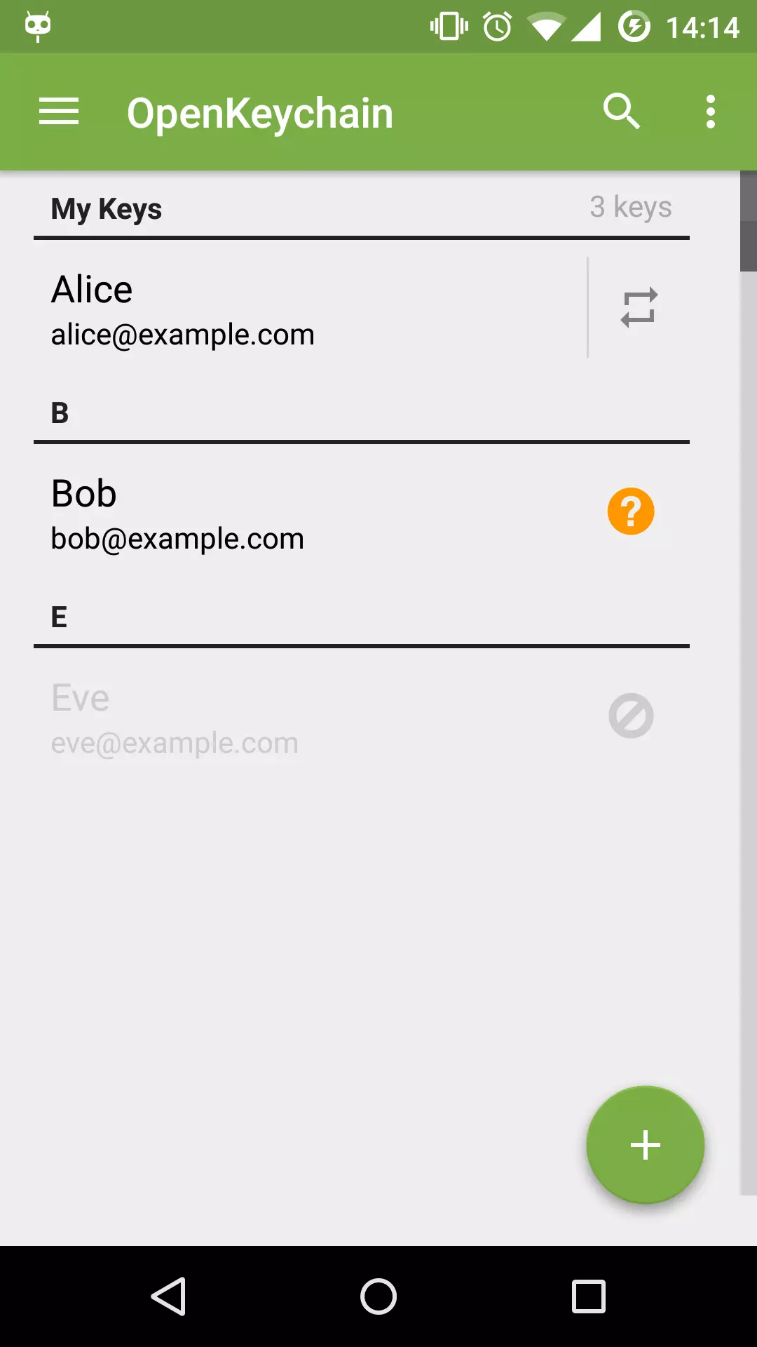 Interfaccia utente di OpenKeychain: Easy PGP Immagine: Interfaccia utente di OpenKeychain: Easy PGP