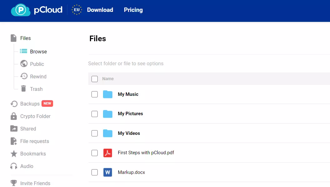 pCloud: panoramica dei file nell’applicazione web Immagine: pCloud: panoramica dei file nell’applicazione web