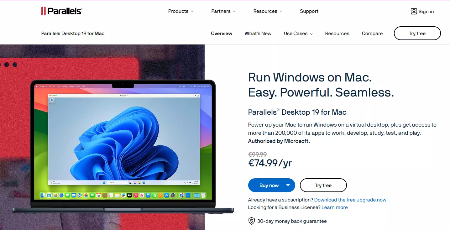 Schermata del sito di Parallels Desktop per Mac Immagine: Schermata del sito di Parallels Desktop per Mac