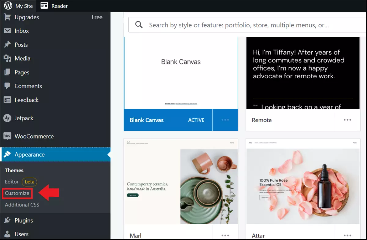 “Personalizza”, opzione della bacheca che consente di configurare le pagine dei prodotti Immagine: “Personalizza”, opzione della bacheca che consente di configurare le pagine dei prodotti