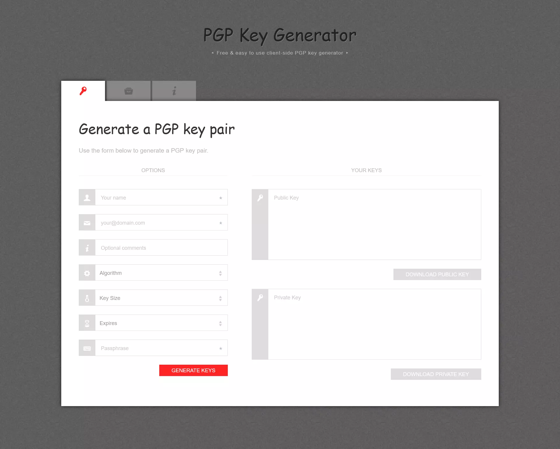 Strumento web per la generazione di chiavi PGP: PGP Key Generator Immagine: Strumento web per la generazione di chiavi PGP: PGP Key Generator