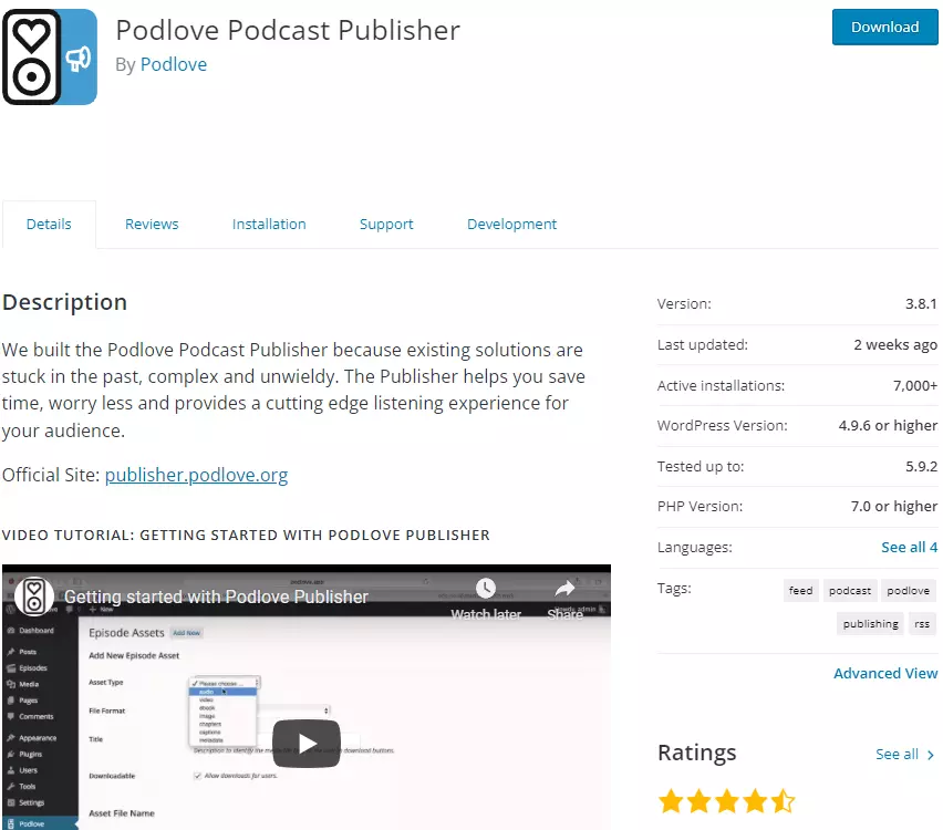 Immagine: Screenshot del plugin Podlove Podcast di WordPress
