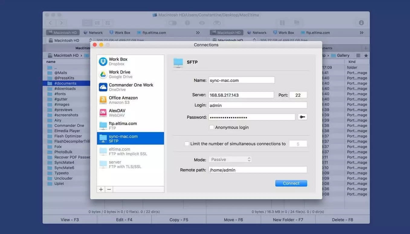 Immagine: Commander One Pro: menu per stabilire una connessione