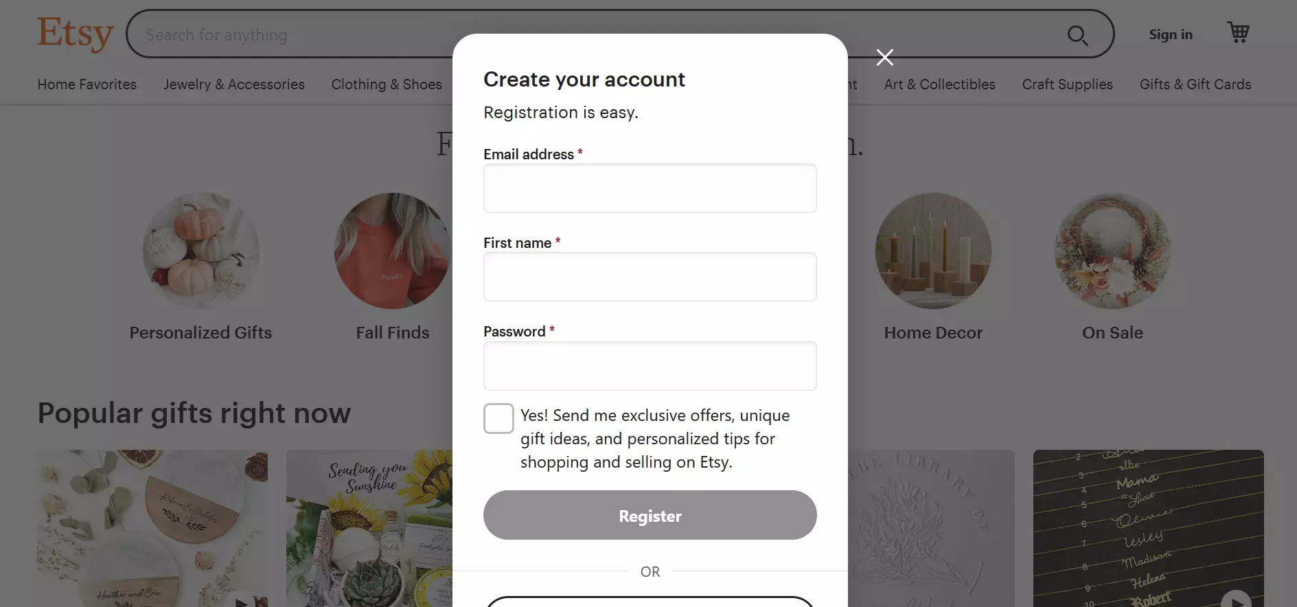 Screenshot della finestra di registrazione su Etsy Immagine: Screenshot della finestra di registrazione su Etsy