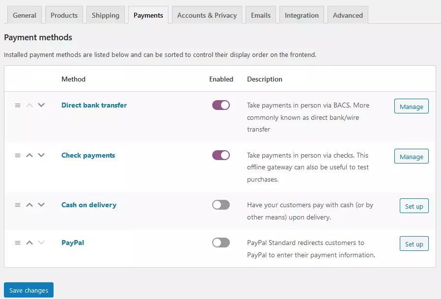 Immagine: Screenshot delle opzioni di pagamento predefinite su WooCommerce