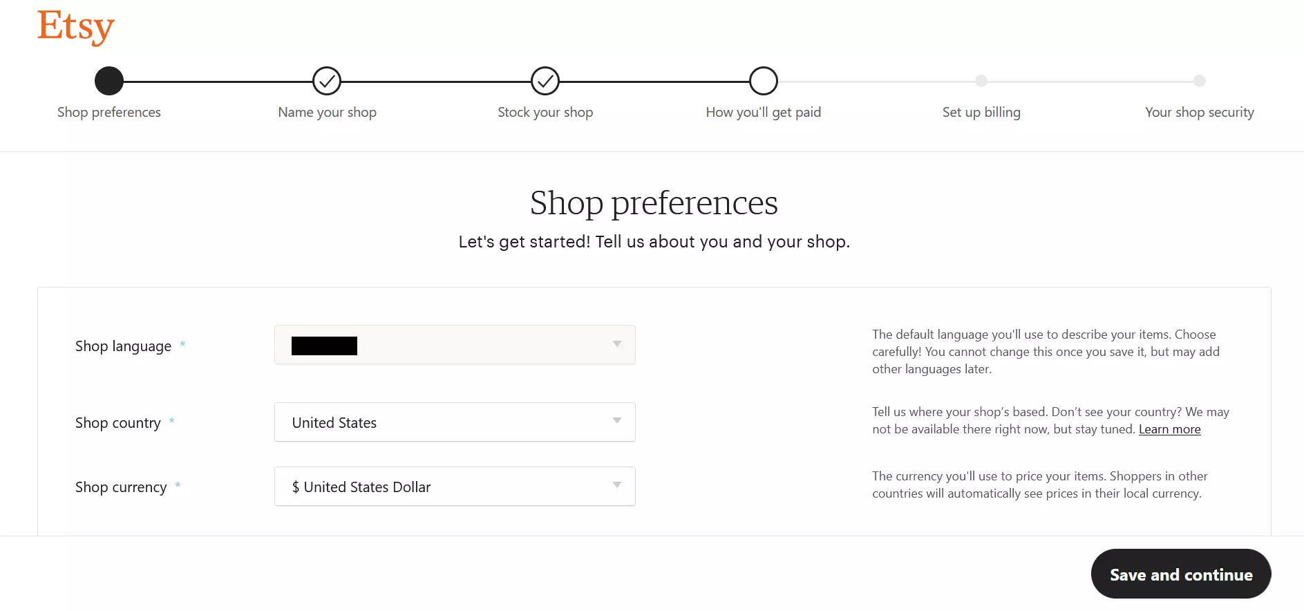 Screenshot delle impostazioni di base di un negozio Etsy Immagine: Screenshot delle impostazioni di base di un negozio Etsy