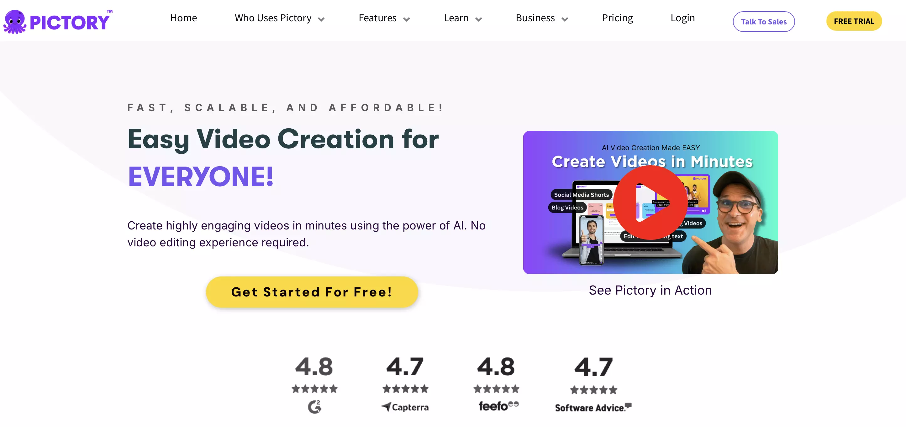 Screenshot del sito web di Pictory Immagine: Screenshot del sito web di Pictory