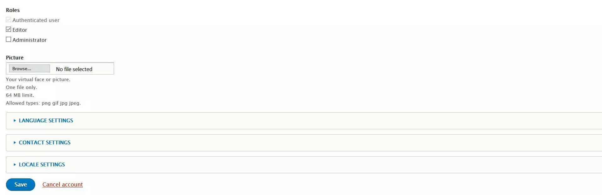 Immagine: Menu Drupal per la creazione di un nuovo account utente